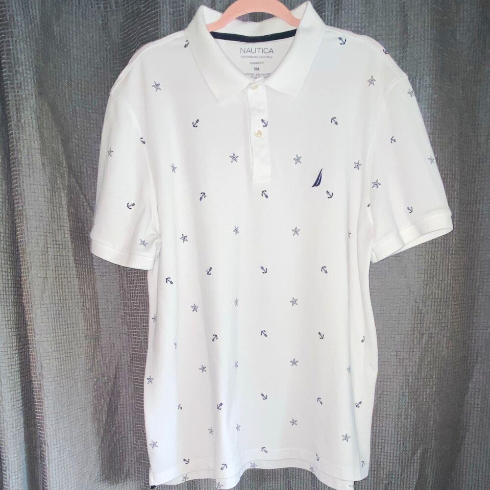 Nautica Performance Deck Polo Men’s 2XL White/Blue Nautical Pique Easy Care